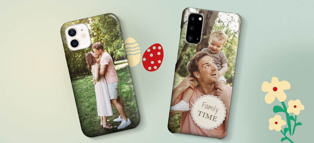 Dva láskyplně navržené kryty telefonů venku, jeden s párem, druhý s rodičem a dítětem.