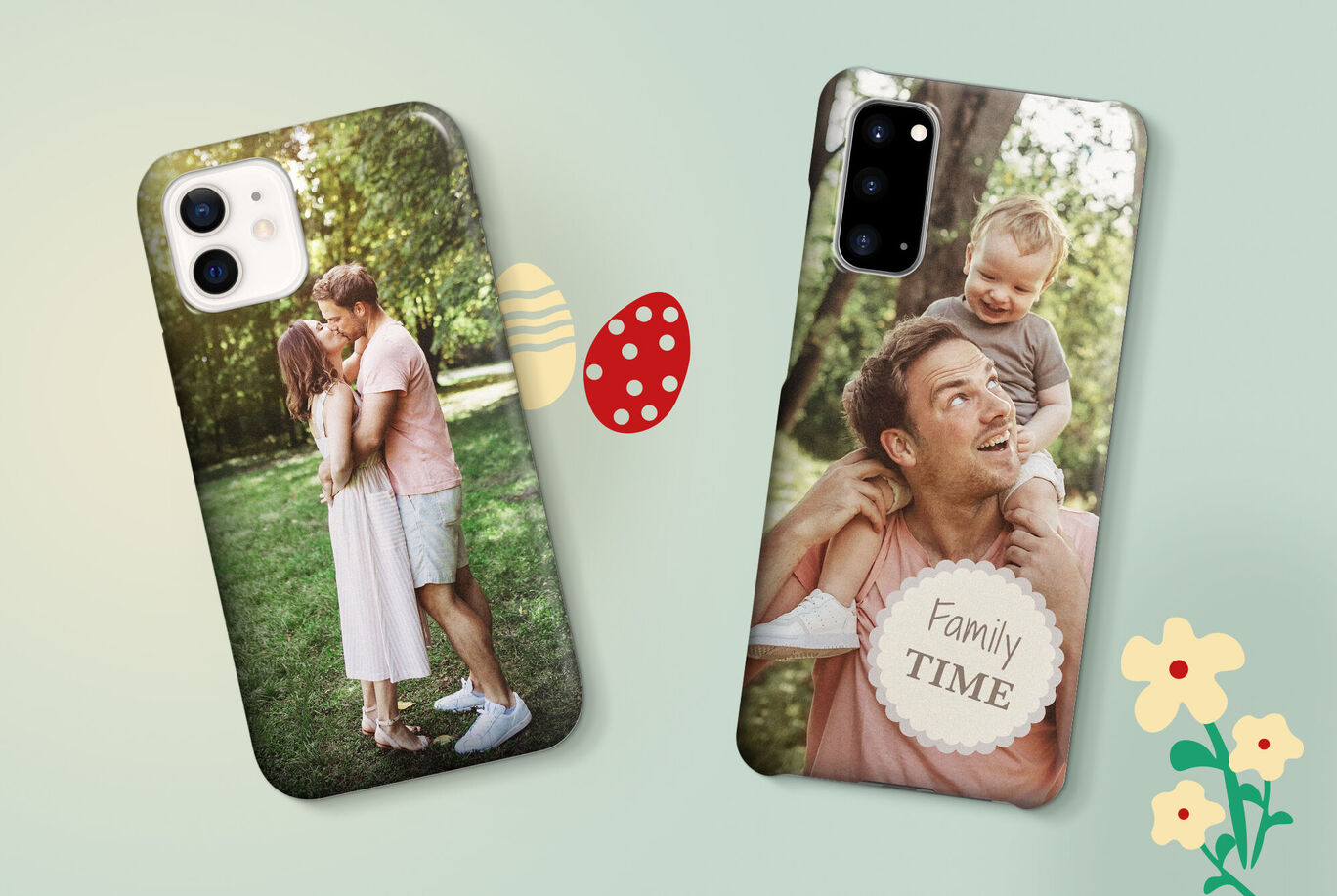 Dvě tašky na telefon s osobními fotografiemi a kreativními designy.